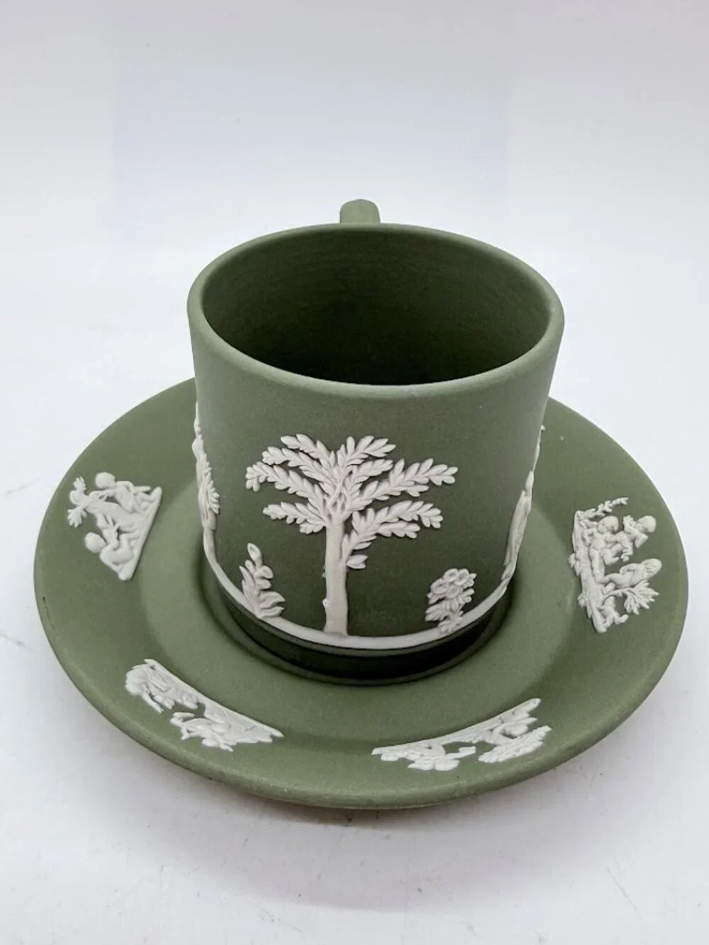 Vintage Wedgwood Sage Celadon Green Jasperware Demitasse Espresso Cup & Saucer